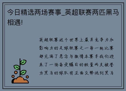 今日精选两场赛事_英超联赛两匹黑马相遇!