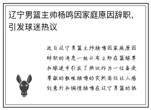 辽宁男篮主帅杨鸣因家庭原因辞职，引发球迷热议